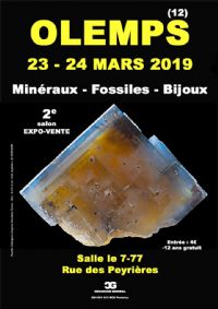 2e SALON MINERAUX FOSSILES BIJOUX de OLEMPS - AVEYRON - OCCITANIE - FRANCE. Du 23 au 24 mars 2019 à OLEMPS. Aveyron.  10H00